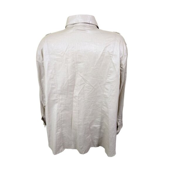 TanJay Womens Plus 20W Button Up Shirt Beige Shimmer Wet Look Pockets Epaulettes - Picture 5 of 8